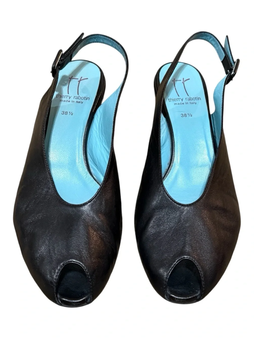 Thierry Rabotin Black Leather Italian Peep Toe Slingback Wedge Shoes 38.5